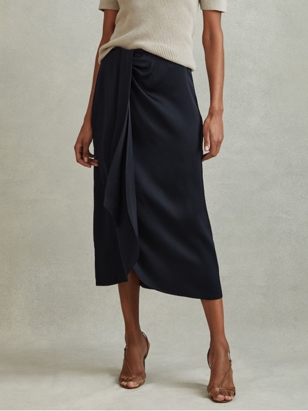 Reiss Navy Bella High Rise Wrap Midi Skirt